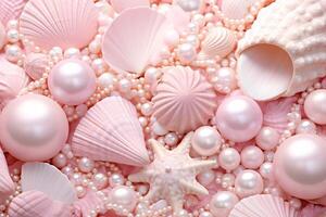 AI generated Pink Pearls and Seashells background, Pink Pearls and Seashells Wallpaper, Pink Pearls Background, Light Pink Seashells Wallpaper, AI Generative photo