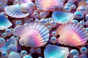 ai generado holográfico perlas y conchas marinas fondo, holográfico perlas y conchas marinas fondo de pantalla, holográfico perlas fondo, holográfico conchas marinas fondo de pantalla, ai generativo foto