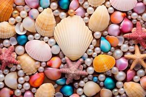 AI generated Colorful pearls and seashells background, Pearls and seashells Wallpaper, Pearls Background, Seashells Wallpaper, AI Generative photo