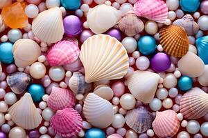 ai generado vistoso perlas y conchas marinas fondo, perlas y conchas marinas fondo de pantalla, perlas fondo, conchas marinas fondo de pantalla, ai generativo foto