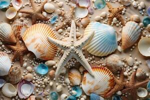 AI generated Seashells and Pearls Background, Seashells and Pearls Wallpaper, Pearls Background, Seashells Wallpaper, Seashells Pattern, AI Generative photo