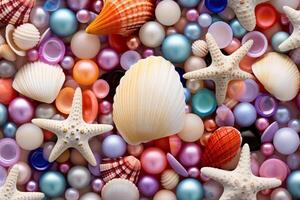 AI generated Colorful pearls and seashells background, Pearls and seashells Wallpaper, Pearls Background, Seashells Wallpaper, AI Generative photo