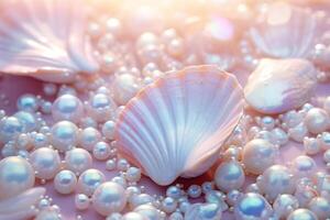 AI generated Holographic pearls and seashells background, Holographic Pearls and seashells Wallpaper, Holographic Pearls Background, Holographic Seashells Wallpaper, AI Generative photo