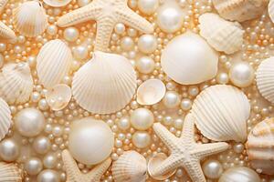 AI generated Seashells and Pearls Background, Seashells and Pearls Wallpaper, Pearls Background, Seashells Wallpaper, Seashells Pattern, AI Generative photo