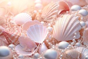 AI generated Pastel Seashells and Pearls Background, Pastel Seashells and Pearls Wallpaper, Pastel Pearls Background, Pastel Seashells Wallpaper, AI Generative photo