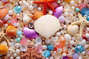 AI generated Colorful pearls and seashells background, Pearls and seashells Wallpaper, Pearls Background, Seashells Wallpaper, AI Generative photo