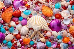 AI generated Colorful pearls and seashells background, Pearls and seashells Wallpaper, Pearls Background, Seashells Wallpaper, AI Generative photo