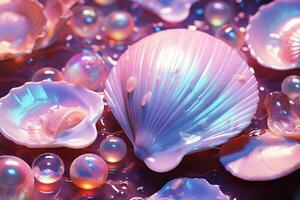 ai generado holográfico perlas y conchas marinas fondo, holográfico perlas y conchas marinas fondo de pantalla, holográfico perlas fondo, holográfico conchas marinas fondo de pantalla, ai generativo foto
