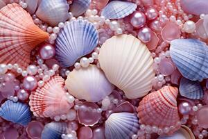 AI generated Seashells and Pearls Background, Seashells and Pearls Wallpaper, Pearls Background, Seashells Wallpaper, Seashells Pattern, AI Generative photo