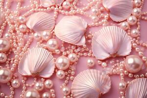 ai generado rosado perlas y conchas marinas fondo, rosado perlas y conchas marinas fondo de pantalla, rosado perlas fondo, ligero rosado conchas marinas fondo de pantalla, ai generativo foto