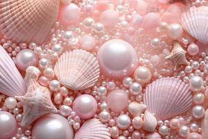 AI generated Pink Pearls and Seashells background, Pink Pearls and Seashells Wallpaper, Pink Pearls Background, Light Pink Seashells Wallpaper, AI Generative photo