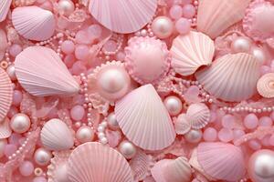 AI generated Pink Pearls and Seashells background, Pink Pearls and Seashells Wallpaper, Pink Pearls Background, Light Pink Seashells Wallpaper, AI Generative photo