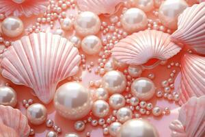 AI generated Pink Pearls and Seashells background, Pink Pearls and Seashells Wallpaper, Pink Pearls Background, Light Pink Seashells Wallpaper, AI Generative photo