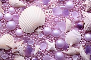 AI generated Purple Seashells and Pearls Background, Purple Seashells and Pearls Wallpaper, Purple Pearls Background, Purple Seashells Wallpaper, AI Generative photo