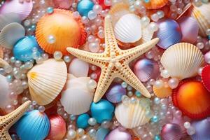 ai generado vistoso perlas y conchas marinas fondo, perlas y conchas marinas fondo de pantalla, perlas fondo, conchas marinas fondo de pantalla, ai generativo foto