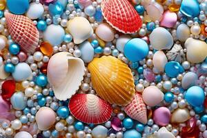 AI generated Colorful pearls and seashells background, Pearls and seashells Wallpaper, Pearls Background, Seashells Wallpaper, AI Generative photo