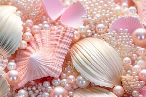 AI generated Pink Pearls and Seashells background, Pink Pearls and Seashells Wallpaper, Pink Pearls Background, Light Pink Seashells Wallpaper, AI Generative photo