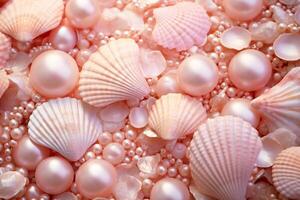 AI generated Pink Pearls and Seashells background, Pink Pearls and Seashells Wallpaper, Pink Pearls Background, Light Pink Seashells Wallpaper, AI Generative photo