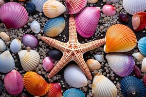 AI generated Colorful pearls and seashells background, Pearls and seashells Wallpaper, Pearls Background, Seashells Wallpaper, AI Generative photo