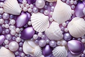 ai generado púrpura conchas marinas y perlas fondo, púrpura conchas marinas y perlas fondo de pantalla, púrpura perlas fondo, púrpura conchas marinas fondo de pantalla, ai generativo foto