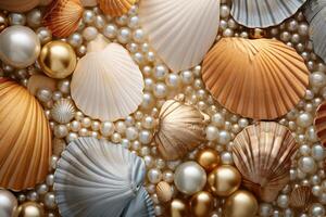 ai generado dorado perlas y conchas marinas fondo, dorado perlas y conchas marinas fondo de pantalla, dorado perlas fondo, dorado conchas marinas fondo de pantalla, ai generativo foto
