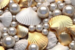 AI generated Golden pearls and seashells background, Golden Pearls and seashells Wallpaper, Golden Pearls Background, Golden Seashells Wallpaper, AI Generative photo