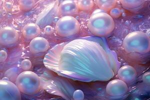 AI generated Holographic pearls and seashells background, Holographic Pearls and seashells Wallpaper, Holographic Pearls Background, Holographic Seashells Wallpaper, AI Generative photo