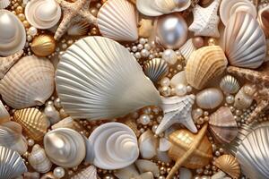 AI generated Golden pearls and seashells background, Golden Pearls and seashells Wallpaper, Golden Pearls Background, Golden Seashells Wallpaper, AI Generative photo
