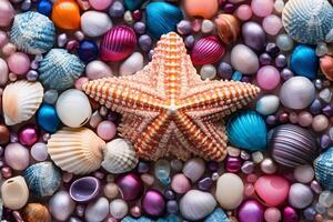 AI generated Colorful pearls and seashells background, Pearls and seashells Wallpaper, Pearls Background, Seashells Wallpaper, AI Generative photo