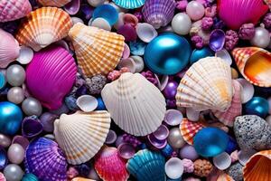 AI generated Colorful pearls and seashells background, Pearls and seashells Wallpaper, Pearls Background, Seashells Wallpaper, AI Generative photo