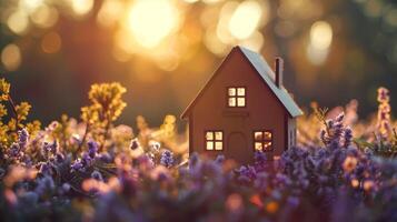 AI generated Whimsical house amidst blooming flowers at sunset photo