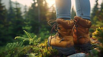 ai generado excursionismo botas de cerca en un fascinante bosque a puesta de sol foto