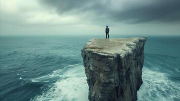 AI generated Man standing on cliff edge over stormy sea photo