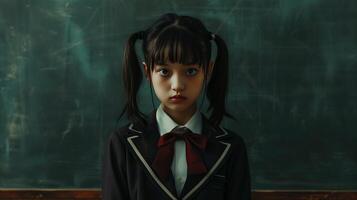 AI generated Serene Japanese schoolgirl standing in front of a chalkboard photo