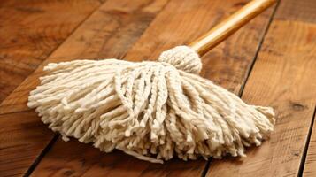 AI generated Close-up of white cotton mop on wooden floor photo