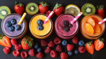 AI generated Assorted fresh fruit smoothies in a colorful display photo