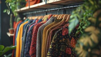 AI generated Assortment of colorful conscious clothing on hangers photo