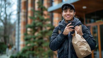 AI generated Hispanic male with shopping bag using smartphone in city photo