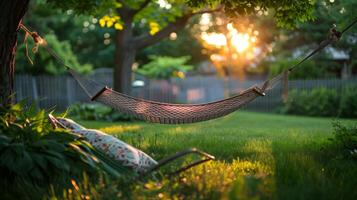 AI generated Empty hammock tied between trees at sunset in a peaceful garden photo