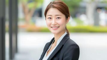 ai generado joven japonés mujer de negocios en pie al aire libre en un traje foto