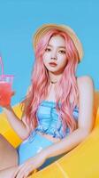 AI generated Young Asian woman with pink hair enjoying summer vibes photo