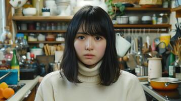 AI generated Young Japanese woman in a cozy home kitchen setting photo