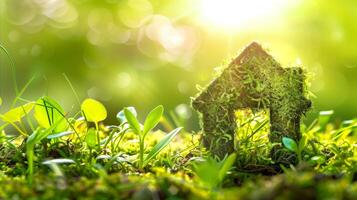 AI generated Eco-friendly living concept with grass house and sunlight photo