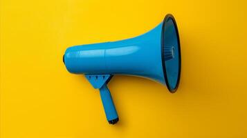 AI generated Blue megaphone on vibrant yellow background for announcements photo