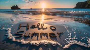 AI generated Hello Summer written in the sand on a sunny beach photo