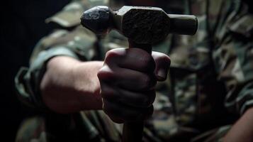AI generated Close-up of a man's hand gripping a hammer photo
