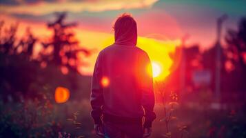 AI generated Person standing in field at sunset photo