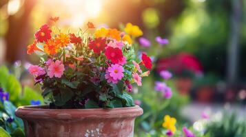 AI generated Colorful flowers in a terracotta pot at golden hour photo