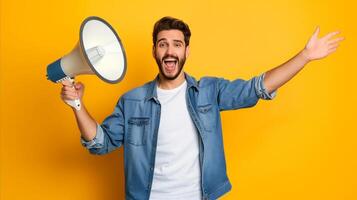 AI generated Enthusiastic man with megaphone on yellow background photo