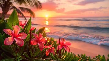 AI generated Stunning sunset on tropical beach with pink flowers photo